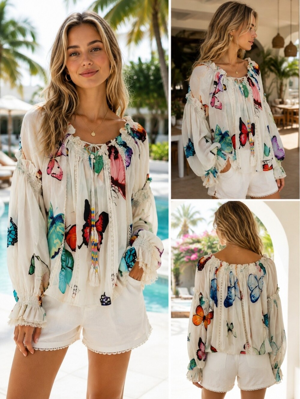 Rococo Sand 100% Silk Butterfly Print Off Shoulder Boho Peasant Blouse XS Fiesta